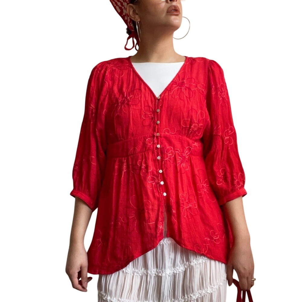 Fig & Flower Y2K Fairy Peasant Cottage Red Embroidered Flowy Puff Sleeve Blouse